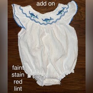 White Smocked Baby Romper Bubble with Blue Fish Embroidery
